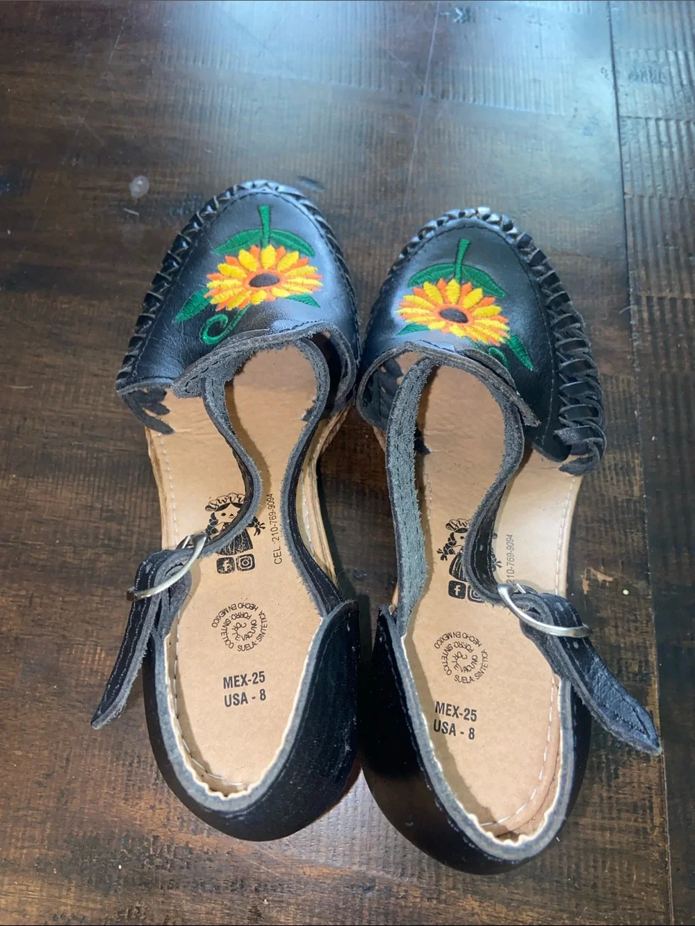Black Leather Wedge Huarache Sandals with Embroidered Sunflower 8 US 25 Mex